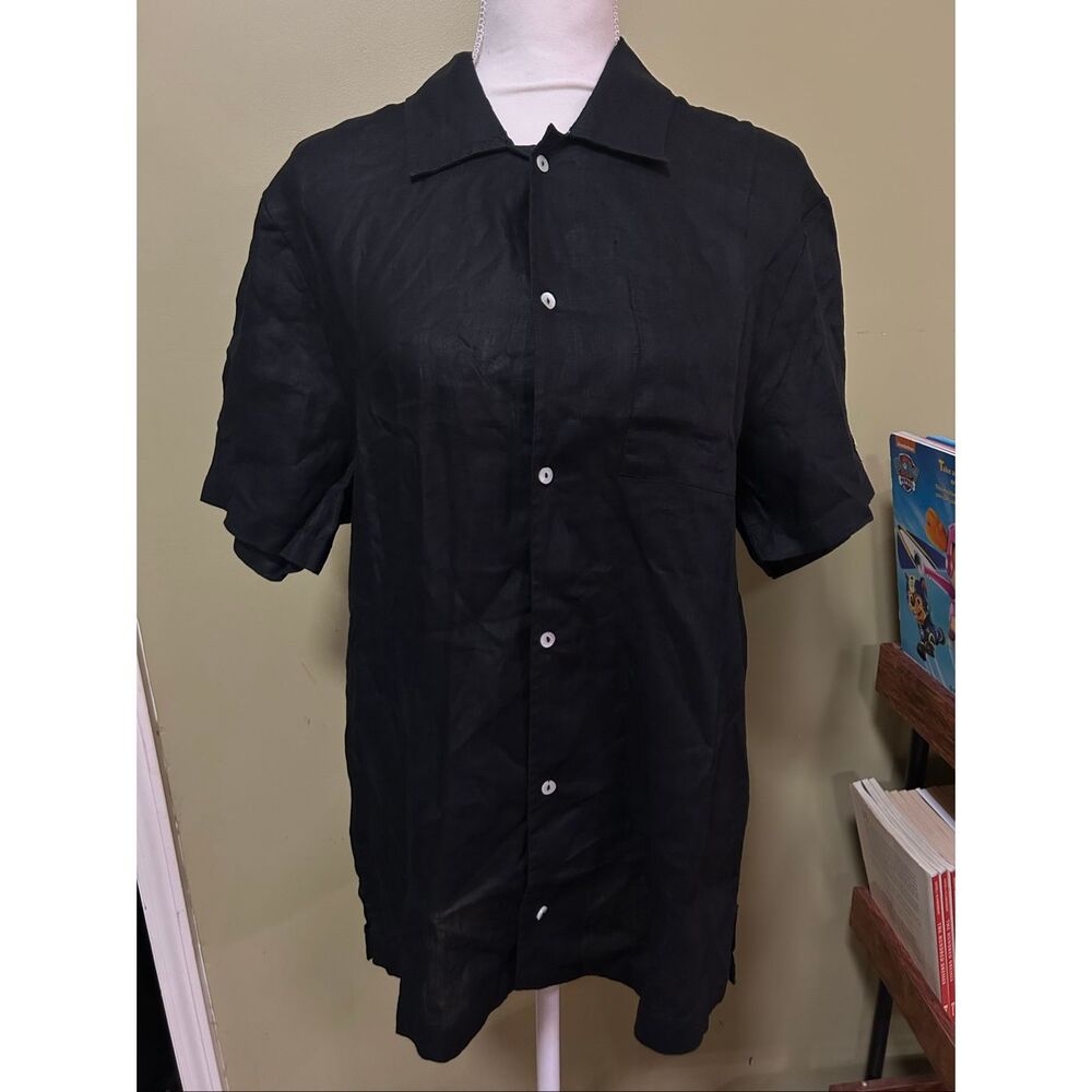 Solid & Striped Black Linen Button-Up  men’s S Embroidered